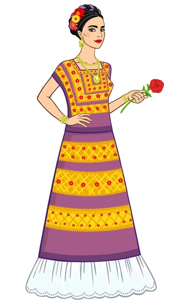 Hermosa chica mexicana en un vestido antiguo con una rosa en una mano. Crecimiento total. Aislado sobre un fondo blanco . — Vector de stock