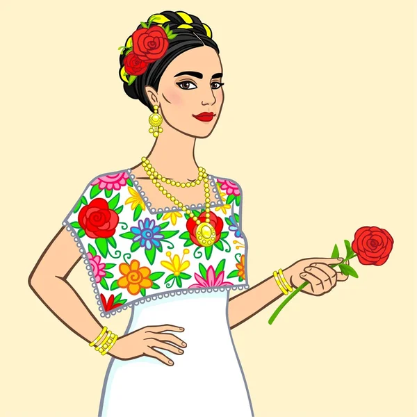 Πορτρέτο του το μεξικάνικο όμορφη γυναίκα σε ένα εορταστικό φόρεμα με ένα τριαντάφυλλο σε ένα χέρι. Απομονωμένη σε ένα μπεζ φόντο. — Διανυσματικό Αρχείο