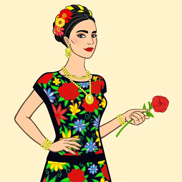 한 손에 장미와 함께 축제 드레스에 아름 다운 멕시코 여자의 초상화. 베이지색 배경에 절연. — 스톡 벡터
