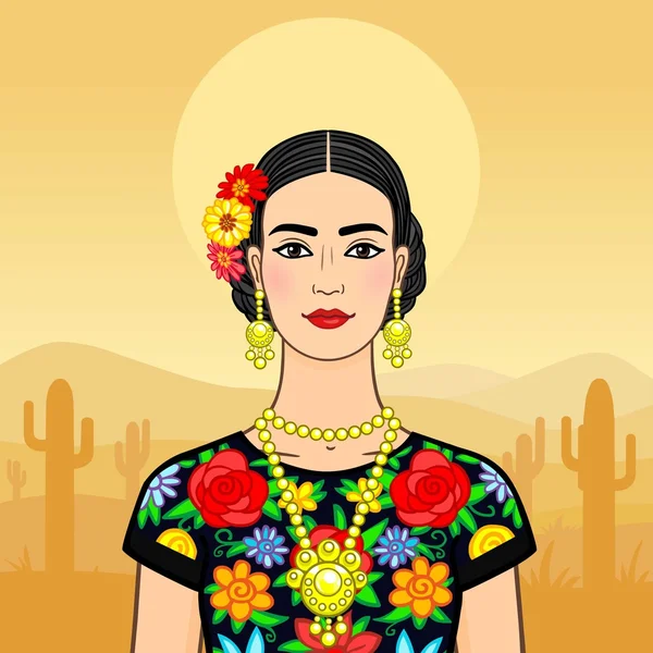 국가 옷에 아름 다운 멕시코 여성입니다. 배경-사막. — 스톡 벡터