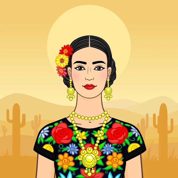 Mooie Mexicaanse vrouw in een nationale kleren. Achtergrond - de woestijn. — Stockvector