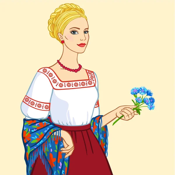 Mujer de aspecto eslavo en ropa antigua, un retrato aislado sobre un fondo beige — Vector de stock