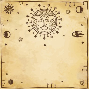 Vektör arka plan: metin için bir yer ile stilize güneş. Eski kağıdın taklidi.