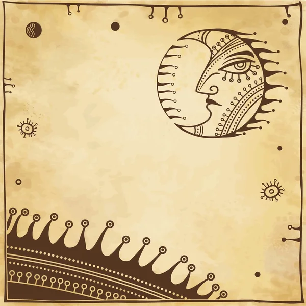 Фонова імітація старого паперу: Місяць і стилізовані астрономічні об'єкти з місцем для тексту — стоковий вектор