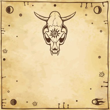 Skull of a fantastic horned animal. Imitation of old paper. Vector illustration. clipart