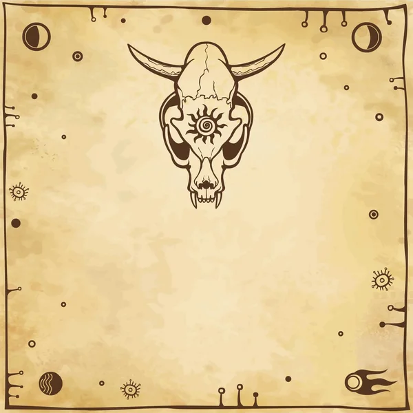 Skull of a fantastic horned animal. Imitation of old paper. Vector illustration. — Stock Vector