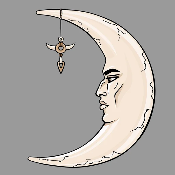 梦幻般的新月与人脸。深奥的象征，博霍设计。在灰色背景上隔离的矢量颜色插图. — 图库矢量图片
