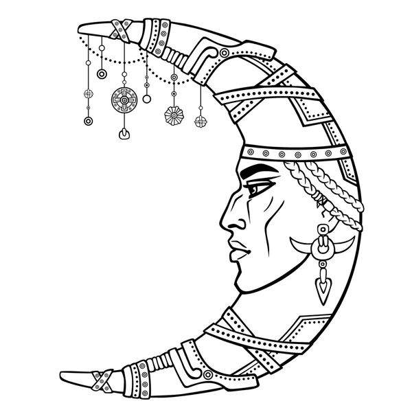 İnsan suratlı fantastik hilal. Etnik mücevherler ve boncuklar, Kızılderili motifleri. Boho tasarım. Doğrusal çizim beyaz bir arka plan üzerinde izole. Vektör illüstrasyon, boyama kitabı için kullanılabilir.