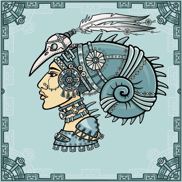 The fantastic Shaman woman in her magic clothes. Portrait, look profile. A background - a frame from iron elements. Vector illustration. — Stock Vector