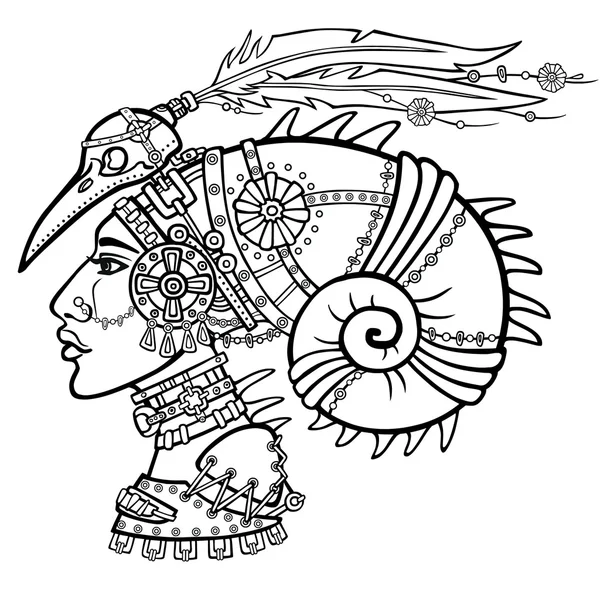 A fantasztikus sámán nő az ő varázslatos ruhákat. Portré, megjelenés profil. Fehér háttéren izolált lineáris rajz. Vektoros illusztráció, kifestőkönyv. — Stock Vector