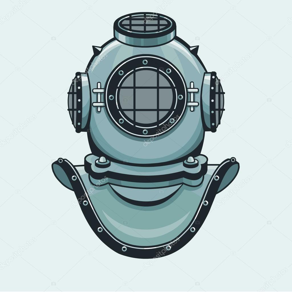 The stylized animation helmet of an ancient diving armor. Isolated on a blue background. Vector illustration.