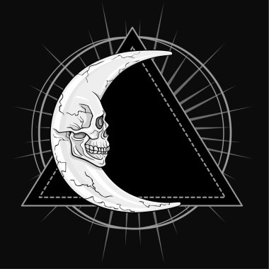 The fantastic moon, in the form of a human skull. Esoteric symbol, sacred geometry. The monochrome drawing isolated on a dark gray background. Vector illustration. Print, posters, t-shirt, textiles. clipart