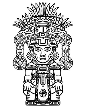 Doğrusal çizim: Hintli bir Tanrı süsleyici resim. Kızılderililerin Maya sanatı motifleri. İzole siyah siluet beyaz zemin üzerinde. Vektör çizim.