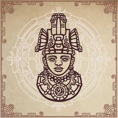 Doğrusal çizim: eski bir Hint tanrı dekoratif görüntü. Sihirli çember. Bir arka plan - eski kağıt taklidi.
