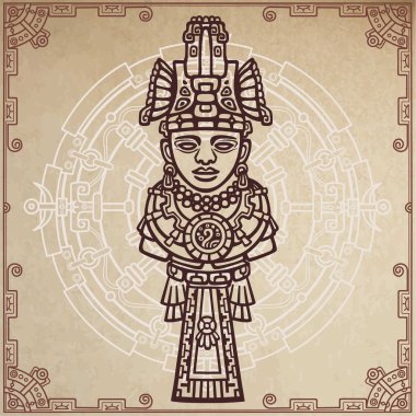 Doğrusal çizim: eski bir Hint tanrı dekoratif görüntü. Sihirli çember. Bir arka plan - eski kağıt taklidi.