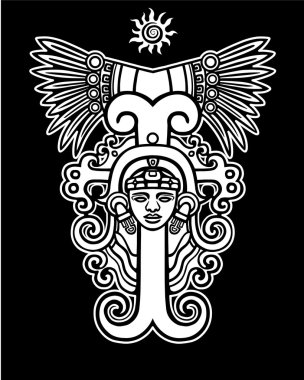 Doğrusal çizim: eski bir Hint tanrı dekoratif görüntü. Siyah arka plan üzerinde beyaz izole siluet.