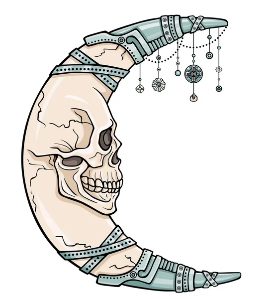 De fantastische maan in de vorm van een menselijke schedel. Ijzeren sieraden. Esoterisch symbool, Boho design. De lineaire kleur tekening geïsoleerd op een witte achtergrond. Vector illustratie. — Stockvector