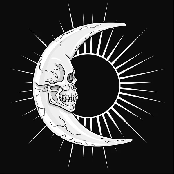 Fantastische wassende maan in de vorm van een menselijke schedel. Zonnestralen. Esoterisch symbool. De monochrome tekening geïsoleerd op een donkergrijze achtergrond. Vector illustratie. Print, posters, t-shirt, textiel. — Stockvector