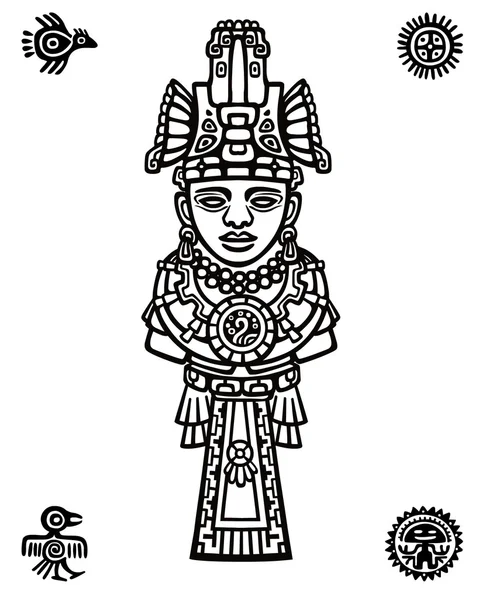 Rysunek liniowy: dekoracyjny wizerunek osoby. Motywy sztuki Indian Maya. Symbole ptaków. Wyizolowana czarna sylwetka na białym tle. — Wektor stockowy