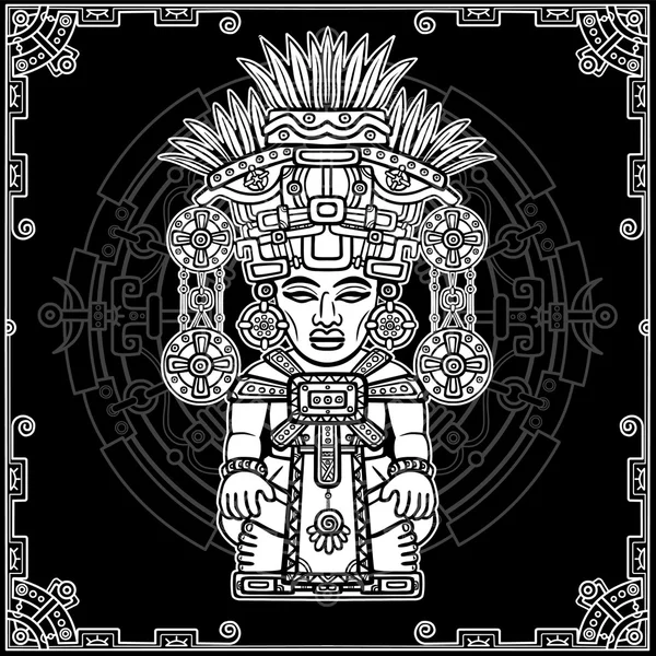Doğrusal çizim: eski bir Hint tanrı dekoratif görüntü. Sihirli çember. Siyah beyaz vektör çizimi.