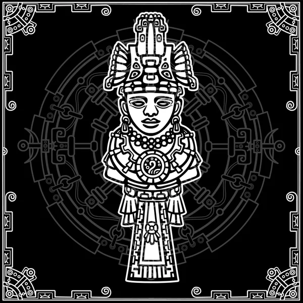 Linear drawing: decorative image of an ancient Indian deity. Magic circle. Black and white vector illustration. — Stock Vector