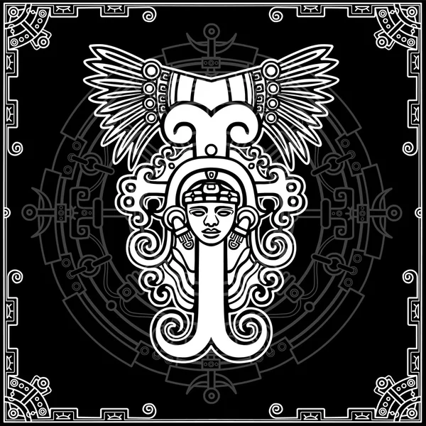 Dibujo lineal: imagen decorativa de una antigua deidad india. Un círculo mágico. Ilustración vectorial en blanco y negro . — Vector de stock