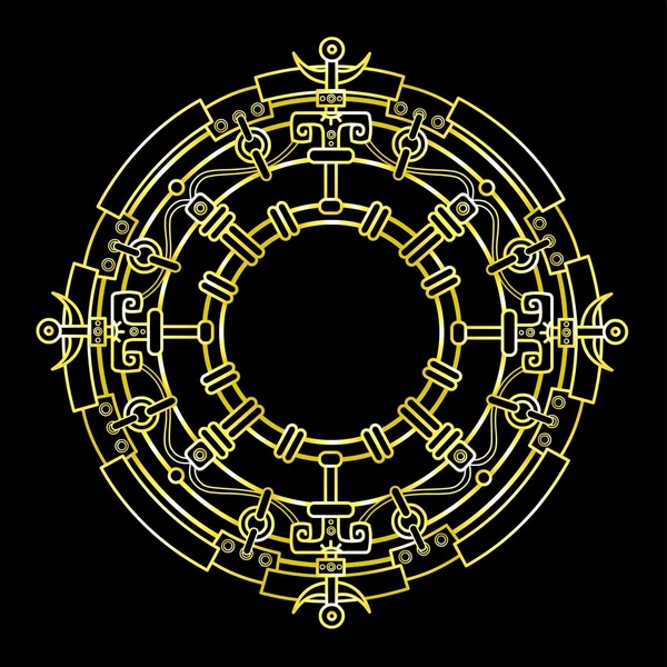 Decorative mystical circle in ethnic style. Linear drawing, the yellow contour isolated on a black background. Gold imitation. — Stock Vector