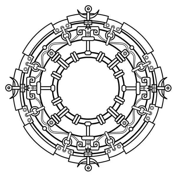 Cerchio mistico decorativo in stile etnico. Disegno lineare, il contorno nero isolato su sfondo bianco . — Vettoriale Stock