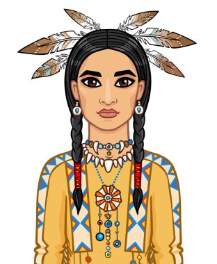 Amerikan Yerlisi'nin kıyafetleri içinde adamın portresi. Beyaz arka planda yalıtılmış vektör çizimi.