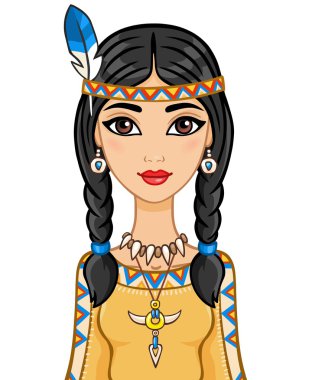 Amerikan Yerlisi kıyafetleri giymiş çekici kız. Beyaz arka planda yalıtılmış vektör çizimi.