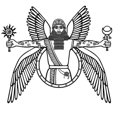 Eski Asur Tanrı kanatlı. Sümer mitolojisindeki karakter. Beyaz bir arka plan üzerinde izole doğrusal siyah-beyaz çizim. Vektör çizim.