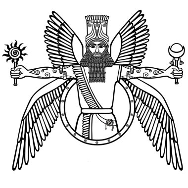 Eski Asur Tanrı kanatlı. Sümer mitolojisindeki karakter. Beyaz bir arka plan üzerinde izole doğrusal siyah-beyaz çizim. Vektör çizim.