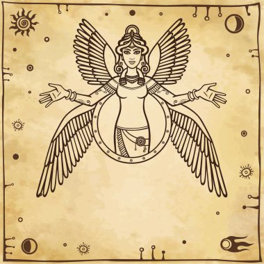 Stilize tanrıçası Ishtar. Sümer mitolojisindeki karakter. Arka plan - taklit eski kağıt. Vektör çizim.