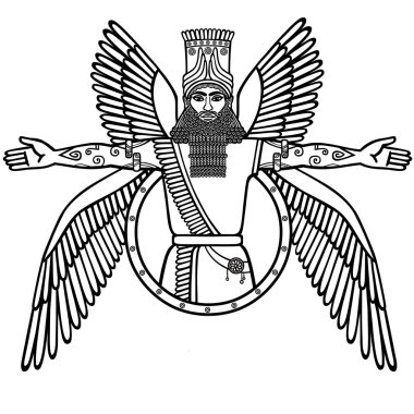 Eski Asur Tanrı kanatlı. Sümer mitolojisindeki karakter. Beyaz bir arka plan üzerinde izole doğrusal siyah-beyaz çizim. Vektör çizim.