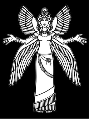 Vektör çizim: stilize tanrıçası Ishtar. Sümer mitolojisindeki karakter. Tam büyüme. Beyaz siluet siyah bir arka plan üzerinde izole.