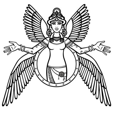 Vektör çizim: stilize tanrıçası Ishtar. Sümer mitolojisindeki karakter. Beyaz bir arka plan üzerinde izole siyah siluet.