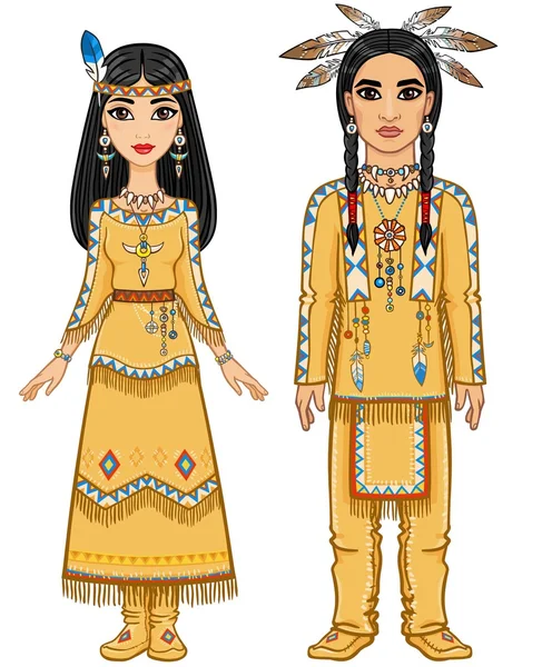 Animatie familie in kleding van de Amerikaanse Indianen. Volle groei. Vector illustratie geïsoleerd op een witte achtergrond. — Stockvector