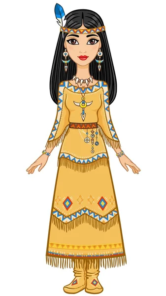 A vonzó animációs lány ruhát az amerikai indián. Teljes növekedés. Fehér háttéren izolált vektorillusztráció. — Stock Vector