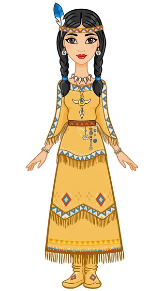 Het aantrekkelijke animatie meisje in kleding van de Amerikaanse Indiaan. Volle groei. Vector illustratie geïsoleerd op een witte achtergrond. — Stockvector