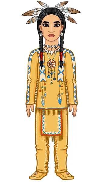 アメリカインディアンの服を着た男のアニメーション肖像画。完全な成長。白い背景に分離されたベクトルイラストレーション. — ストックベクタ