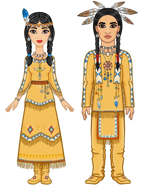 Animasi keluarga dalam pakaian Indian Amerika. Pertumbuhan penuh. Ilustrasi vektor diisolasi pada latar belakang putih . - Stok Vektor