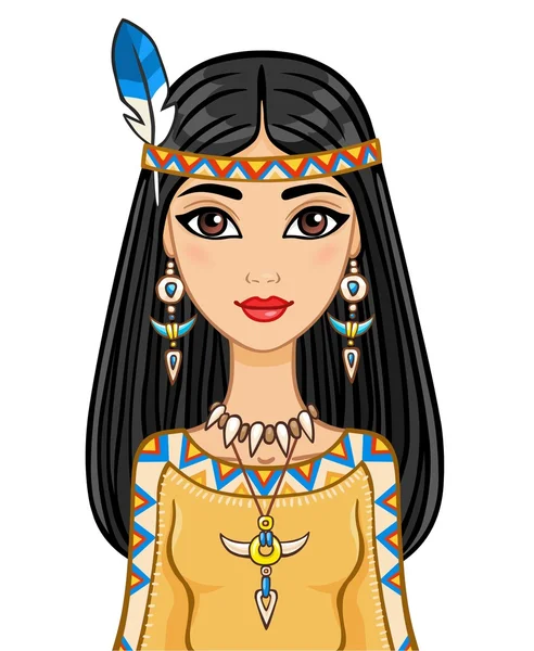 Das attraktive Mädchen in der Kleidung der amerikanischen Indianer. Vektor-Illustration isoliert auf weißem Hintergrund. — Stockvektor