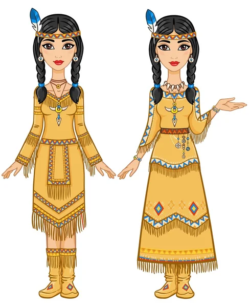 Couple de belles filles d'animation dans les vêtements des Indiens d'Amérique dans différentes poses. Pleine croissance. Illustration vectorielle isolée sur fond blanc . — Image vectorielle