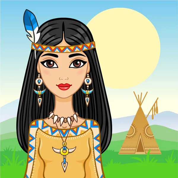 The attractive animation girl in clothes of the American Indian. Background - a mountain landscape. Vector illustration. — Stock Vector