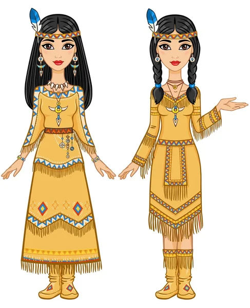 Coppia di belle ragazze di animazione in vestiti degli indiani americani in pose diverse. Piena crescita. Illustrazione vettoriale isolata su sfondo bianco . — Vettoriale Stock