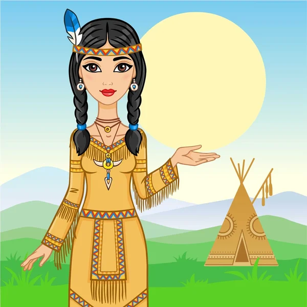 Das attraktive Mädchen in der Kleidung der amerikanischen Indianer. die einladende Geste. Hintergrund - eine Berglandschaft. Vektorillustration. — Stockvektor