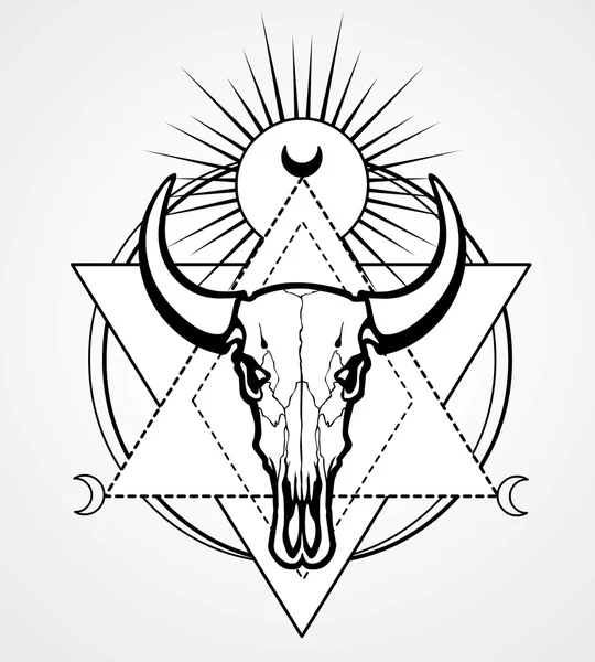 Kraniet af en tyr er sat i geometriske figurer. Esoterisk symbol, hellig geometri. Monokrom tegning isoleret på en hvid baggrund. Vektorillustration. Tryk, plakater, t-shirt, tekstiler . – Stock-vektor