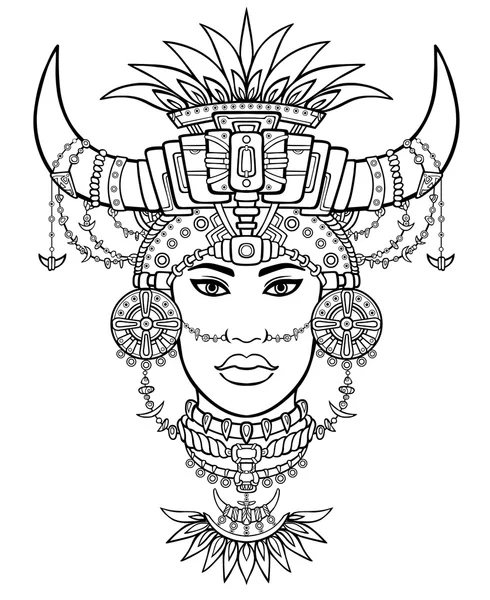 Фантастична жінка шамана в її чарівний одяг. Лінійний малюнок ізольований на білому фоні. Векторна ілюстрація, бути використана для розфарбовування книги. — стоковий вектор