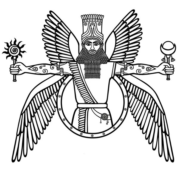 Alte assyrische geflügelte Gottheit. Charakter der sumerischen Mythologie. die lineare Schwarz-Weiß-Zeichnung isoliert auf weißem Hintergrund. Vektorillustration. — Stockvektor