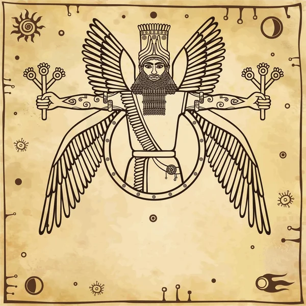 Ancienne divinité assyrienne ailée. Caractère de la mythologie sumérienne. Un fond - imitation de vieux papiers. Illustration vectorielle . — Image vectorielle